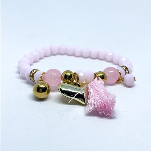 Pastel Pink Tassel Gold Heart Charm Bracelet - Picture 2 of 4